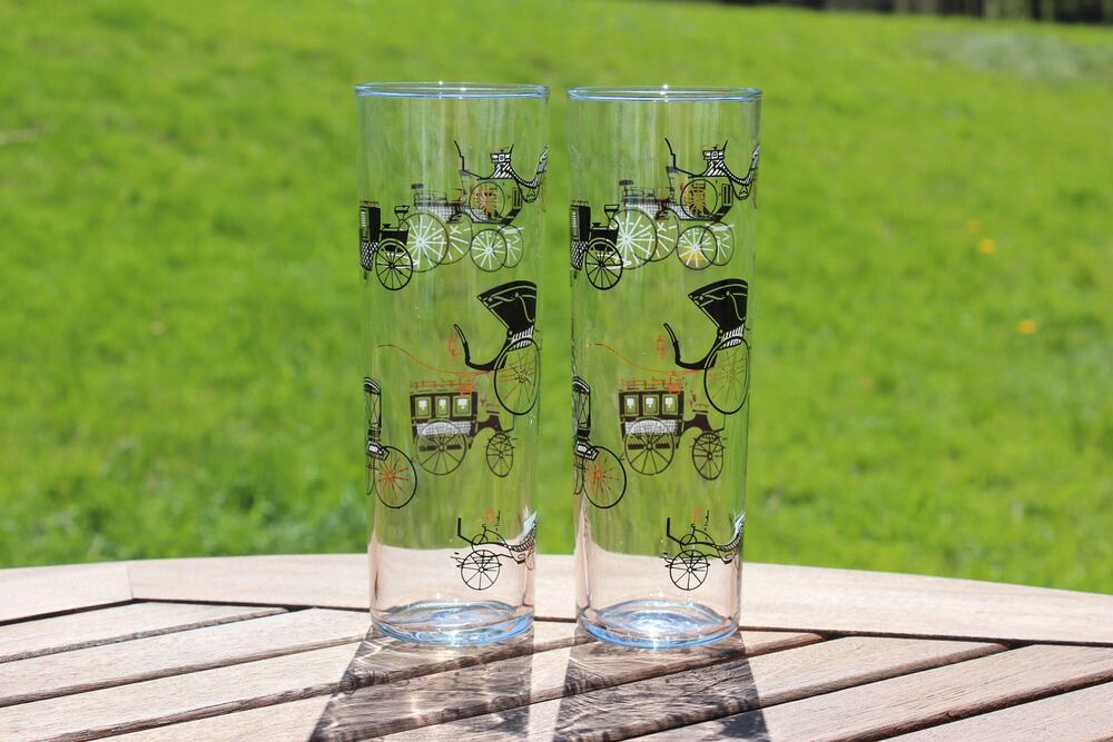 Libbey Buggy Highball Glasses Pair 1950s Gold Black Carriage Mid Century 7in